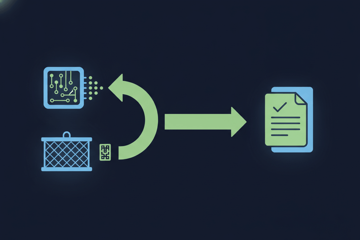 A wordless diagram: an organ-on-a-chip and an animal study (a cage with a data-matrix ID tag) both feeding via arrows into a single combined evidence dossier marked with a checkmark — NAM data augmenting animal work rather than replacing it.