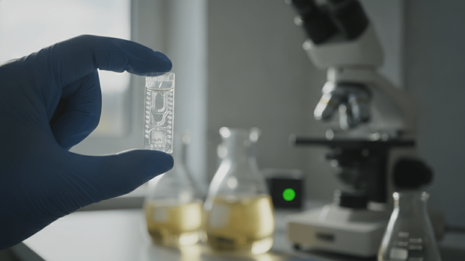 A realistic close-up photo: a blue-gloved hand holds a small clear microfluidic organ-on-a-chip up to soft daylight, with a microscope and culture flasks blurred on the lab bench behind.