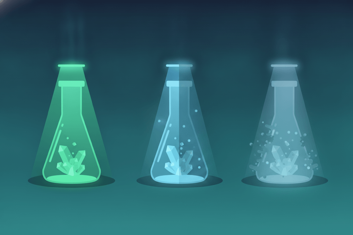 Three lab flasks under decreasing light: the left brightly lit and glowing green (validated), the middle half-lit (in qualification), the right faint and dissolving into the dark (aspirational)