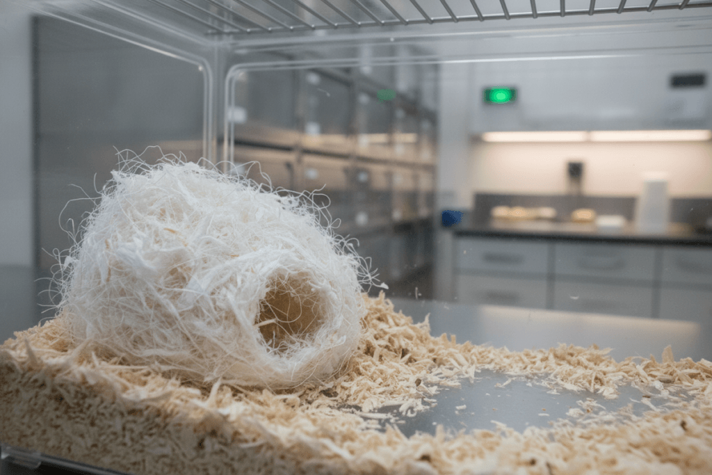 A domed mouse nest built from interwoven strands of white nesting material and wood shavings inside a clean cage, with a torn entrance hole in one side, showing the structure an animal builds when given material that holds a shape.