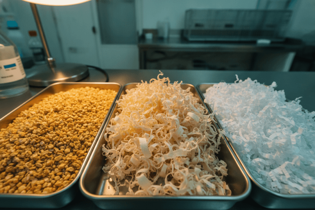 Three cage bedding substrates laid out in steel trays for comparison: corncob granules on the left, curled aspen shavings in the middle, shredded paper on the right, showing how differently the three are structured.