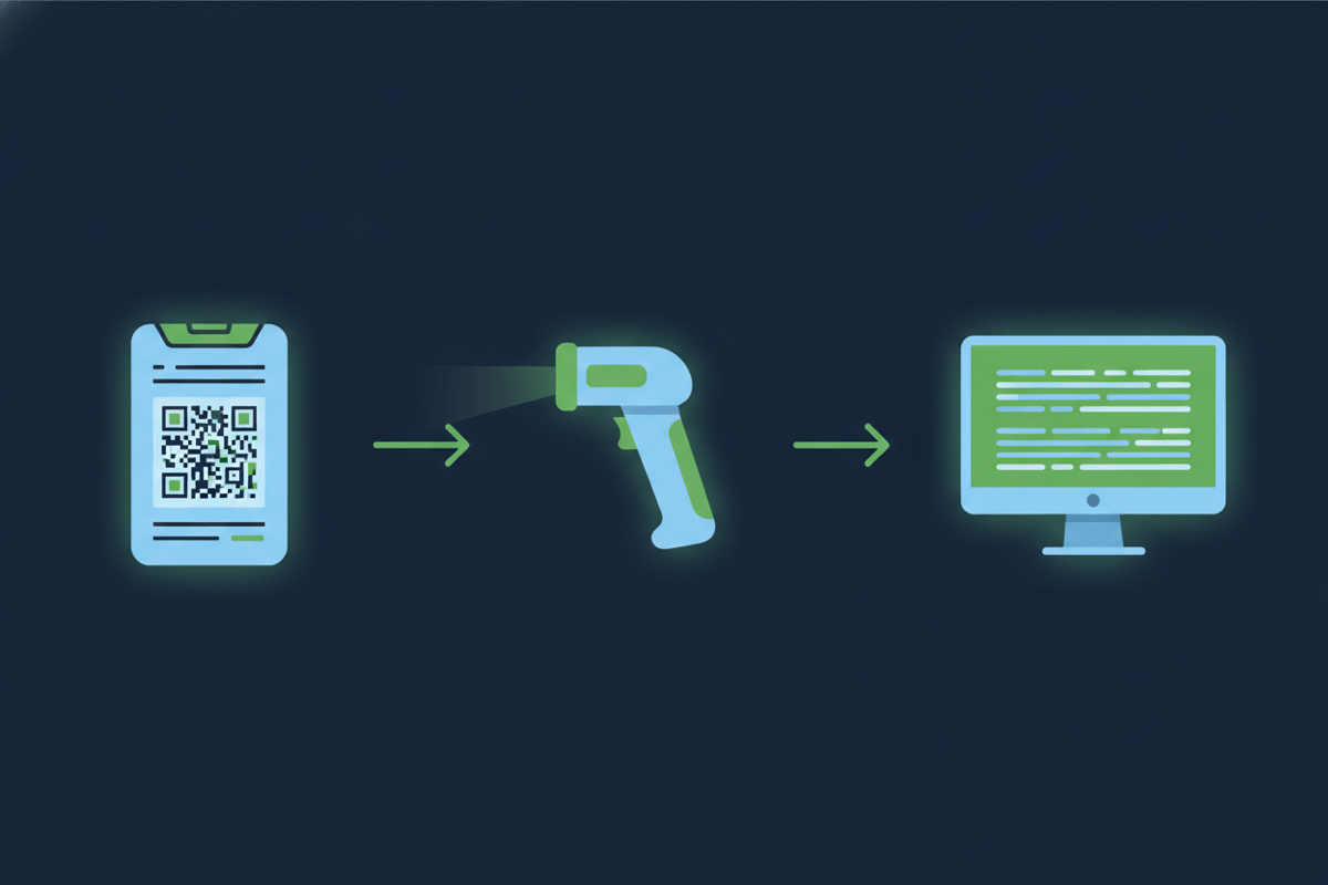 A wordless three-step flow diagram in brand green on navy: a cage card with a data-matrix code, then a handheld 2D barcode scanner, then a database screen, showing cage-card identity passing into the LIMS.