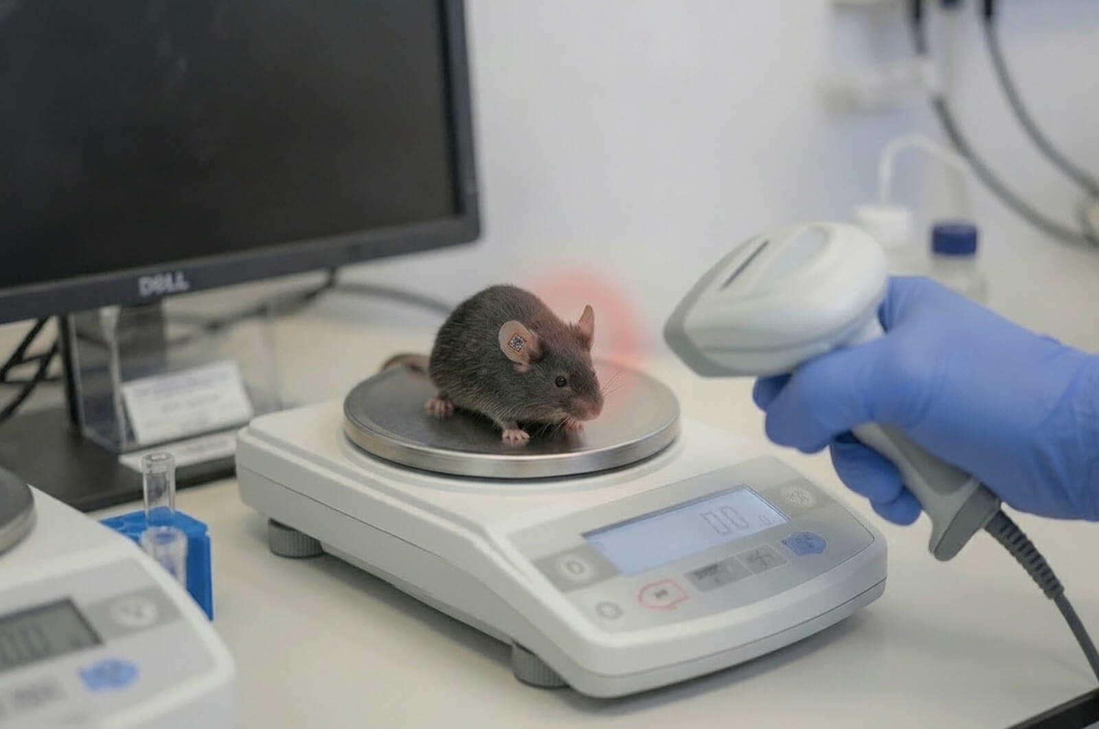 A dark laboratory mouse sitting calmly on a balance pan while a gloved hand reads the 2D barcode ear tag on its ear with a handheld scanner, the weight and the identity captured in the same moment.