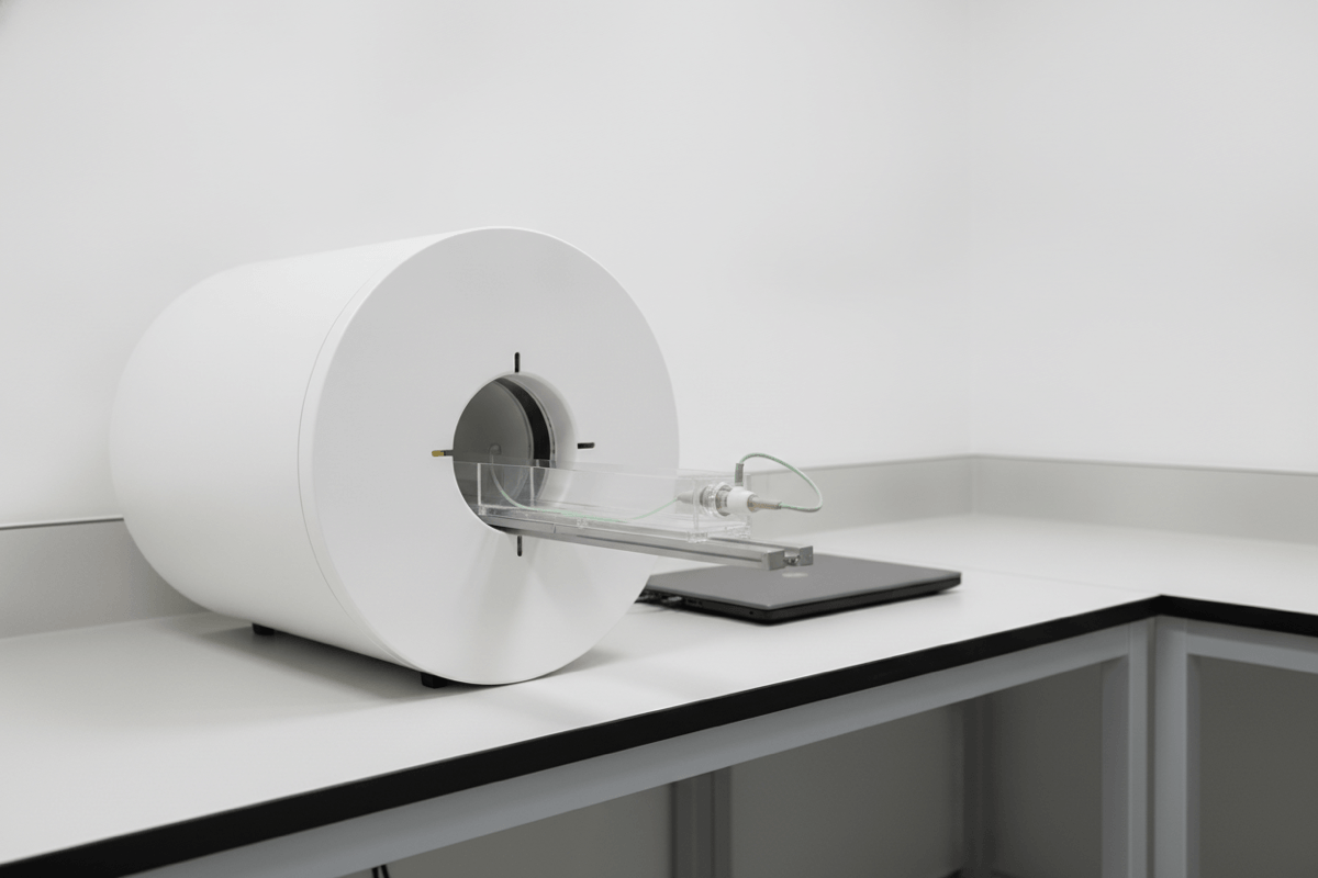 A compact benchtop small-animal MRI scanner on a lab bench, an empty clear mouse cradle with an anesthesia nose cone extended from its narrow bore, standing for the question of whether an identification method has been tested in the scanner a facility actually runs.