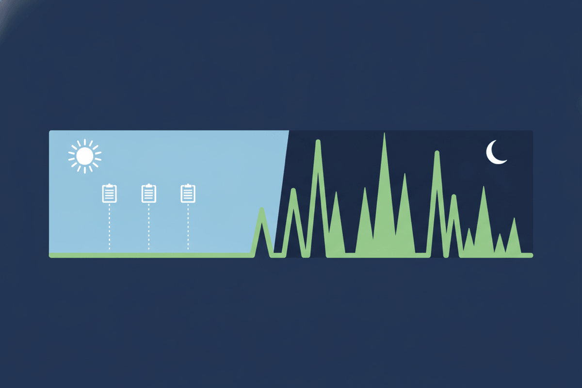 Diagram of one 24-hour day split into a pale daytime half and a dark night half. A green activity line stays flat through the day, where three clipboard icons mark routine checks, then rises into tall peaks after dark, where no checks happen.