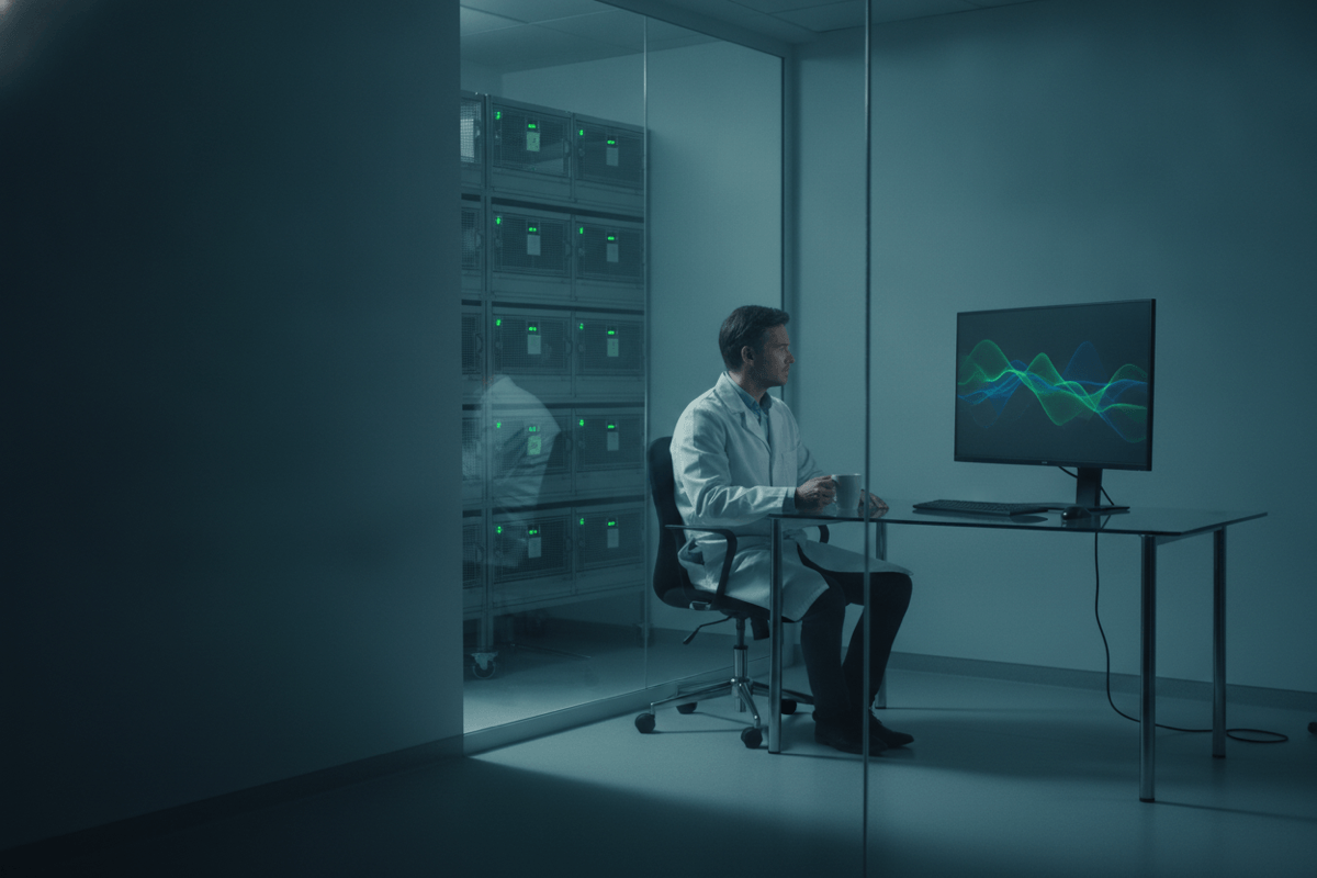 A facility manager with a coffee mug in a glass-walled office beside the vivarium, reviewing overnight home-cage monitoring activity traces on a monitor, cage racks with green sensor lights visible through the glass.
