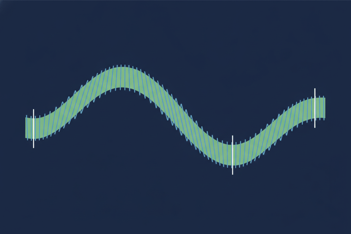Diagram of a slow, months-long wave of activity with small daily ripples riding on it. Short snapshot windows placed at different points on the wave land at very different heights, showing how two spot checks weeks apart can differ with no treatment involved.