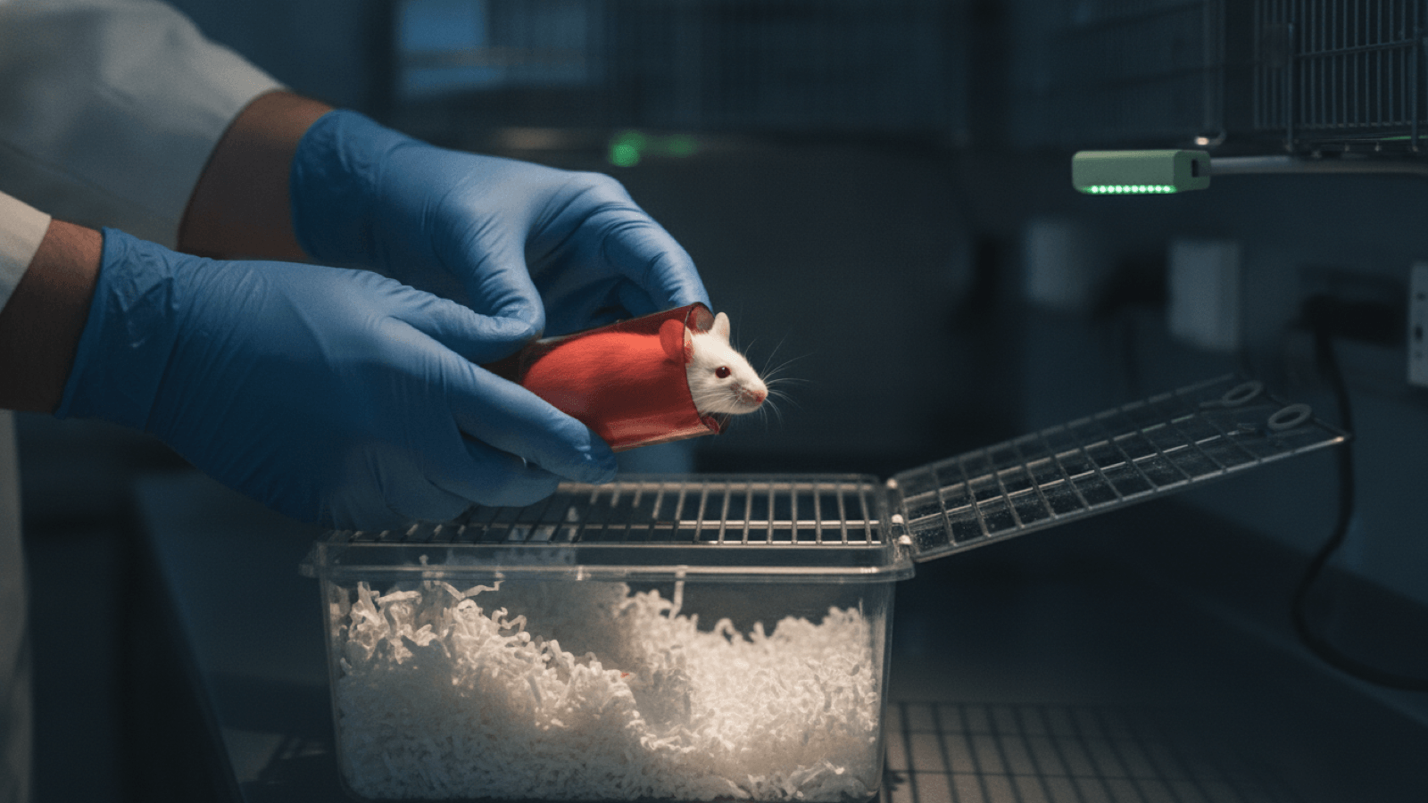A technician's blue-gloved hands hold a red handling tunnel with a calm white mouse peeking out, above a cage of fresh shredded-paper bedding in a quiet vivarium.