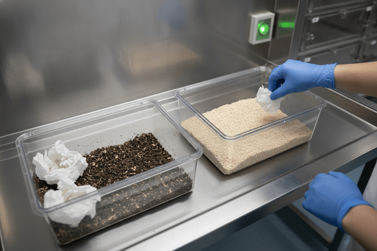 At a cage change, a gloved hand carries a clean tuft of used nesting material from a soiled cage into a fresh, empty one, leaving the dirty bedding behind.