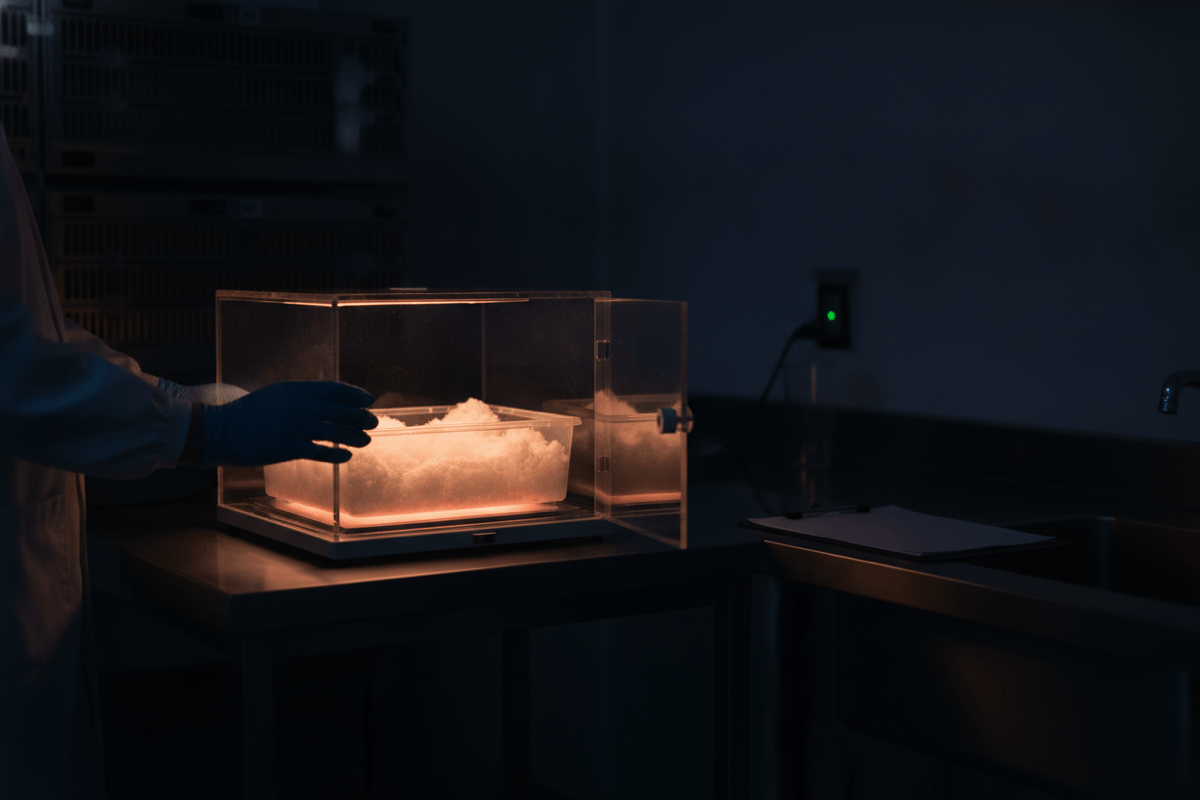 A post-surgery recovery cage with deep nesting material sits in a warmed, glowing incubator in a dim procedure room, the recovery space kept warm rather than at room temperature.